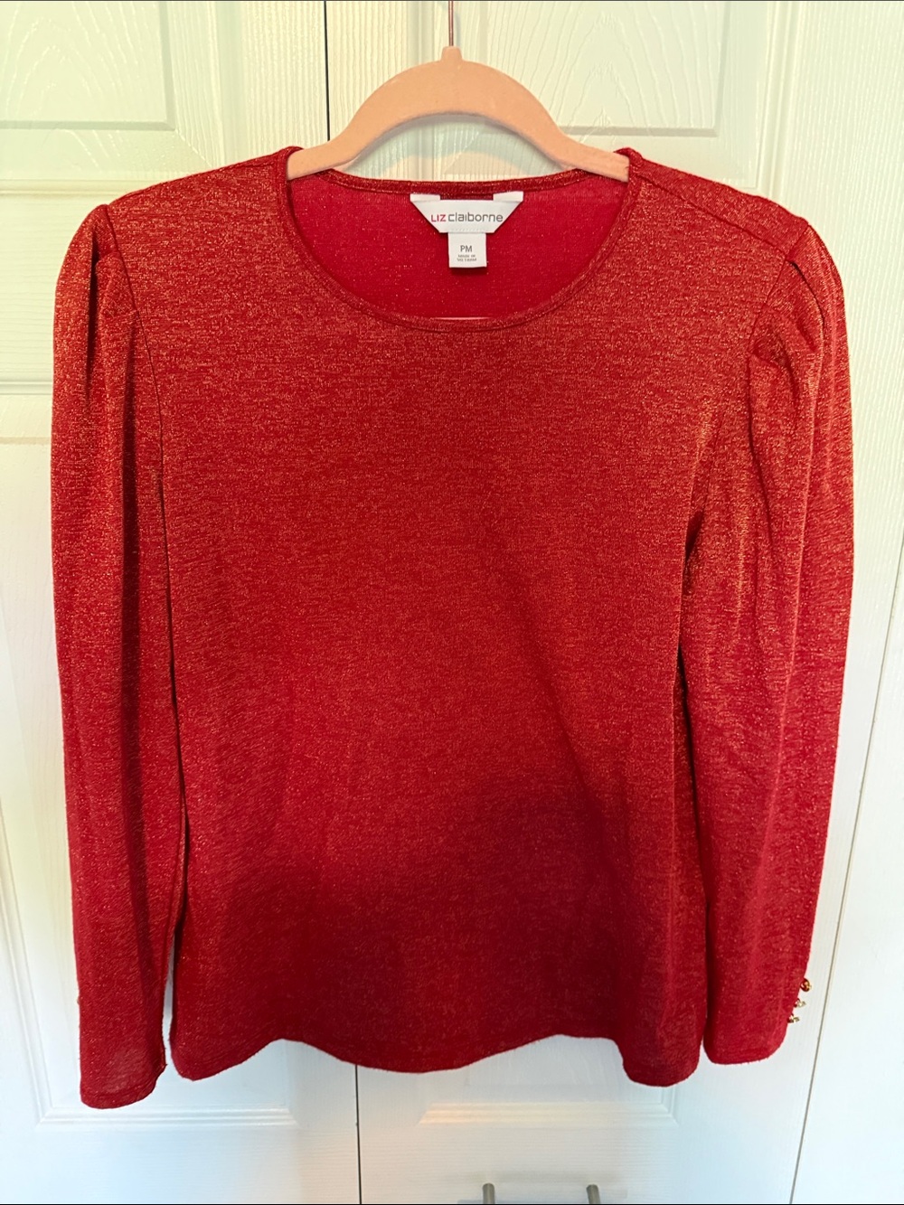Liz Claiborne Shimmery Red Long-Sleeve Crewneck Top - Picture 4 of 6